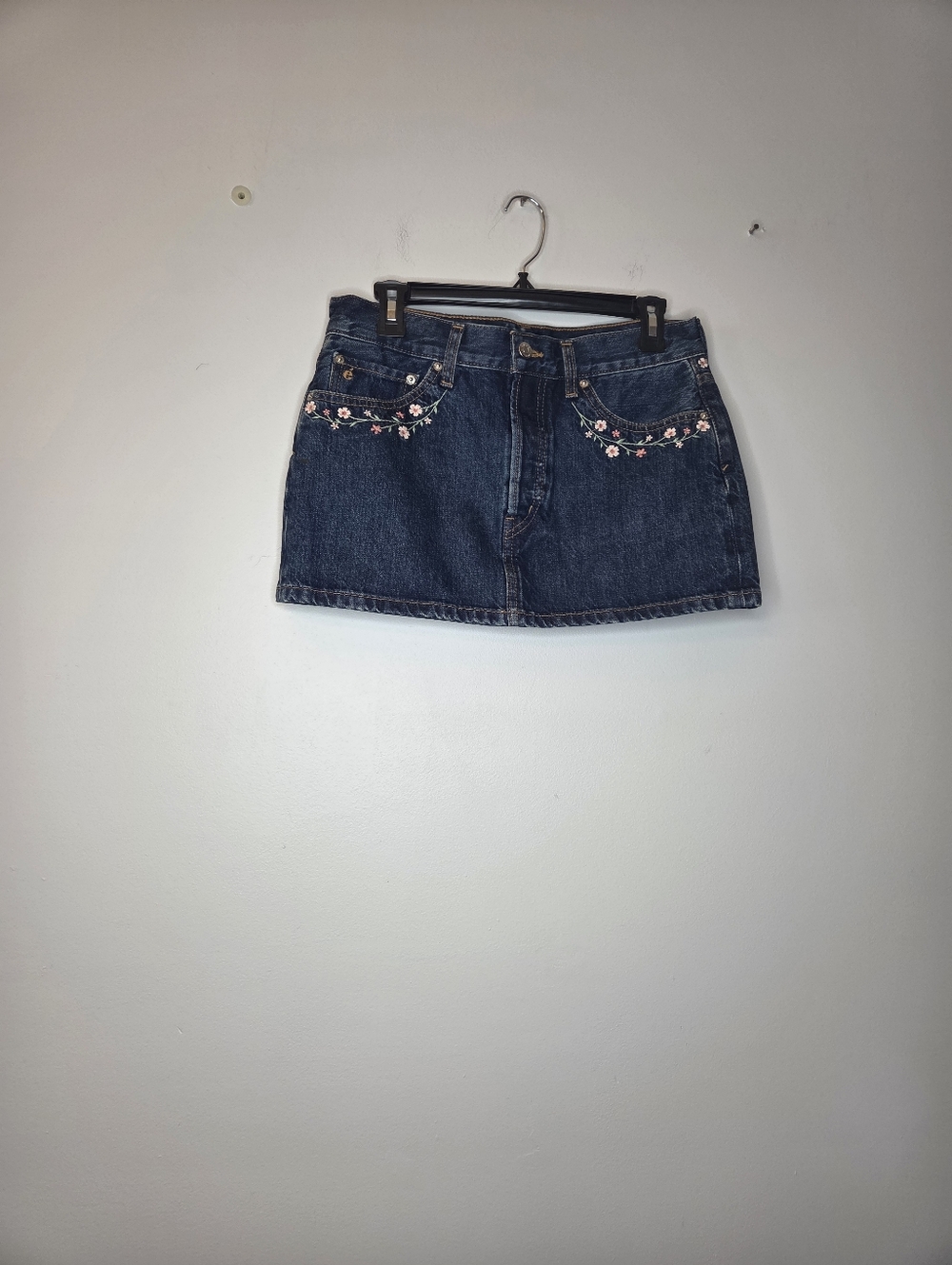 Etica Embroidered Dark Blue Denim Mini Skirt - Women's Skirt, Size 26